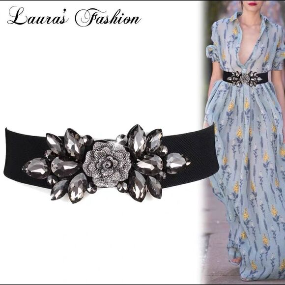New Women’s Crystal & Beaded 3D Rose Stretch Elastic Belt - Picture 1 of 12
